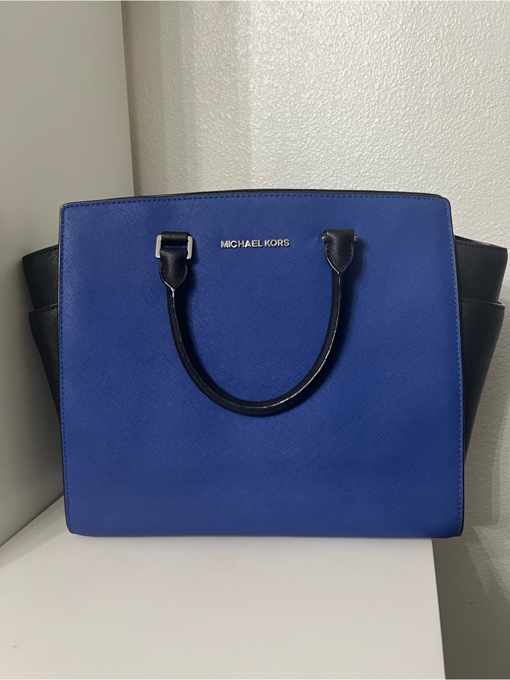 Michael Kors Blue And Black Saffiano Satchel
